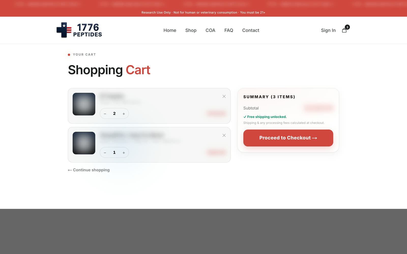 The cart with the free-shipping bar and add-on offer