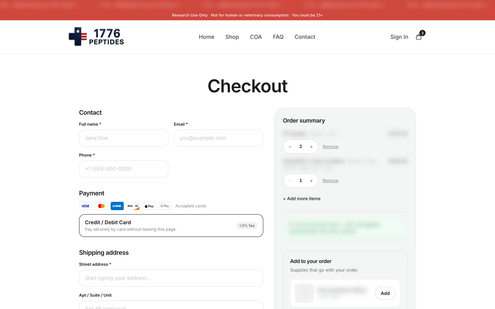 On-page card checkout with wallet buttons and verified address entry