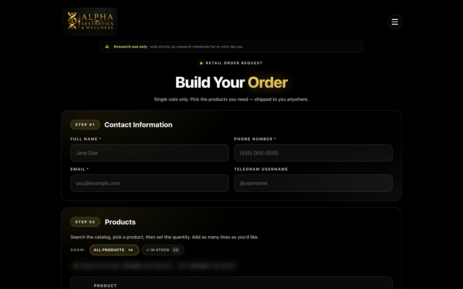 The order builder — contact, catalog, quantities, live totals