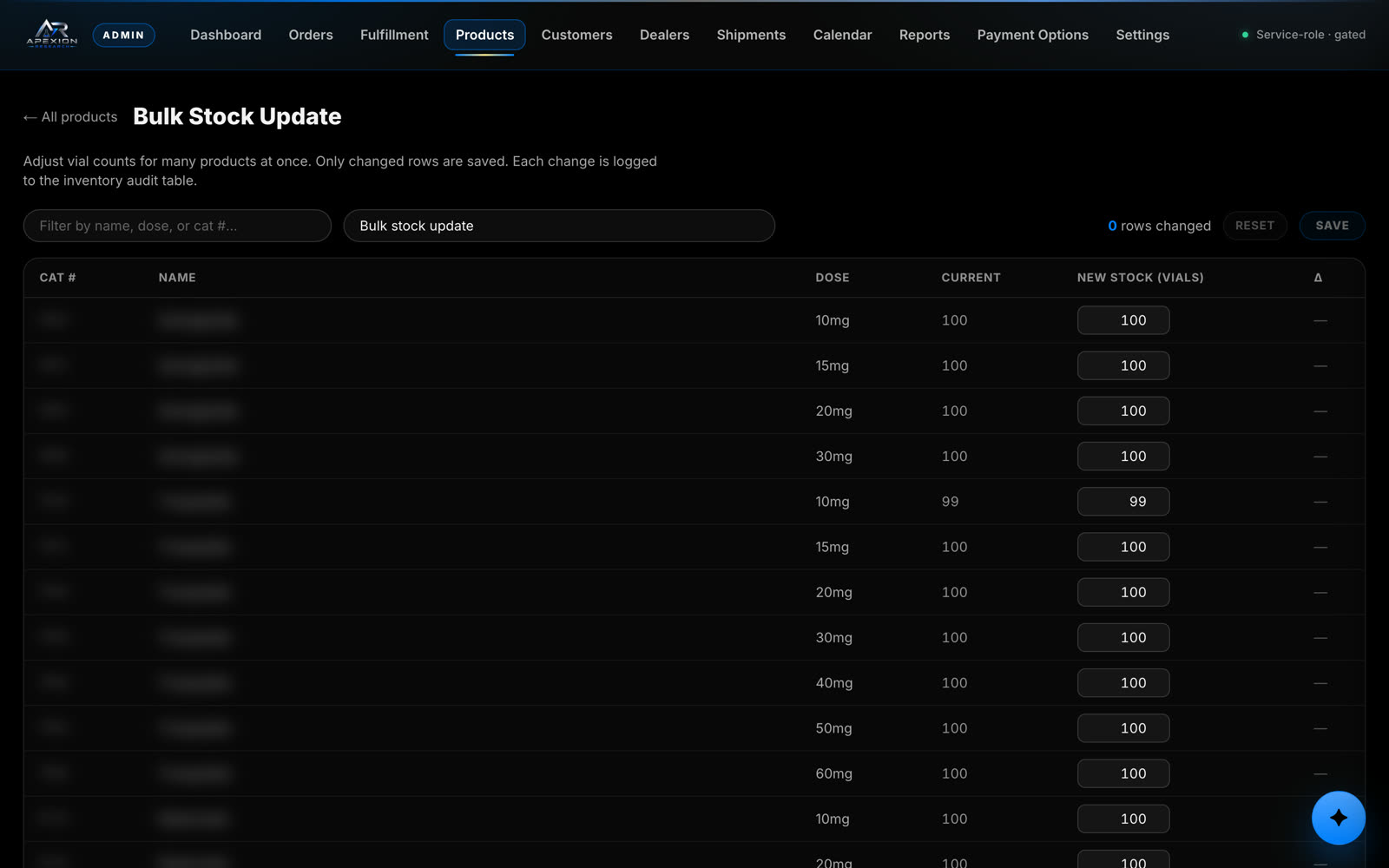Bulk stock update — adjust many products at once, every change audited