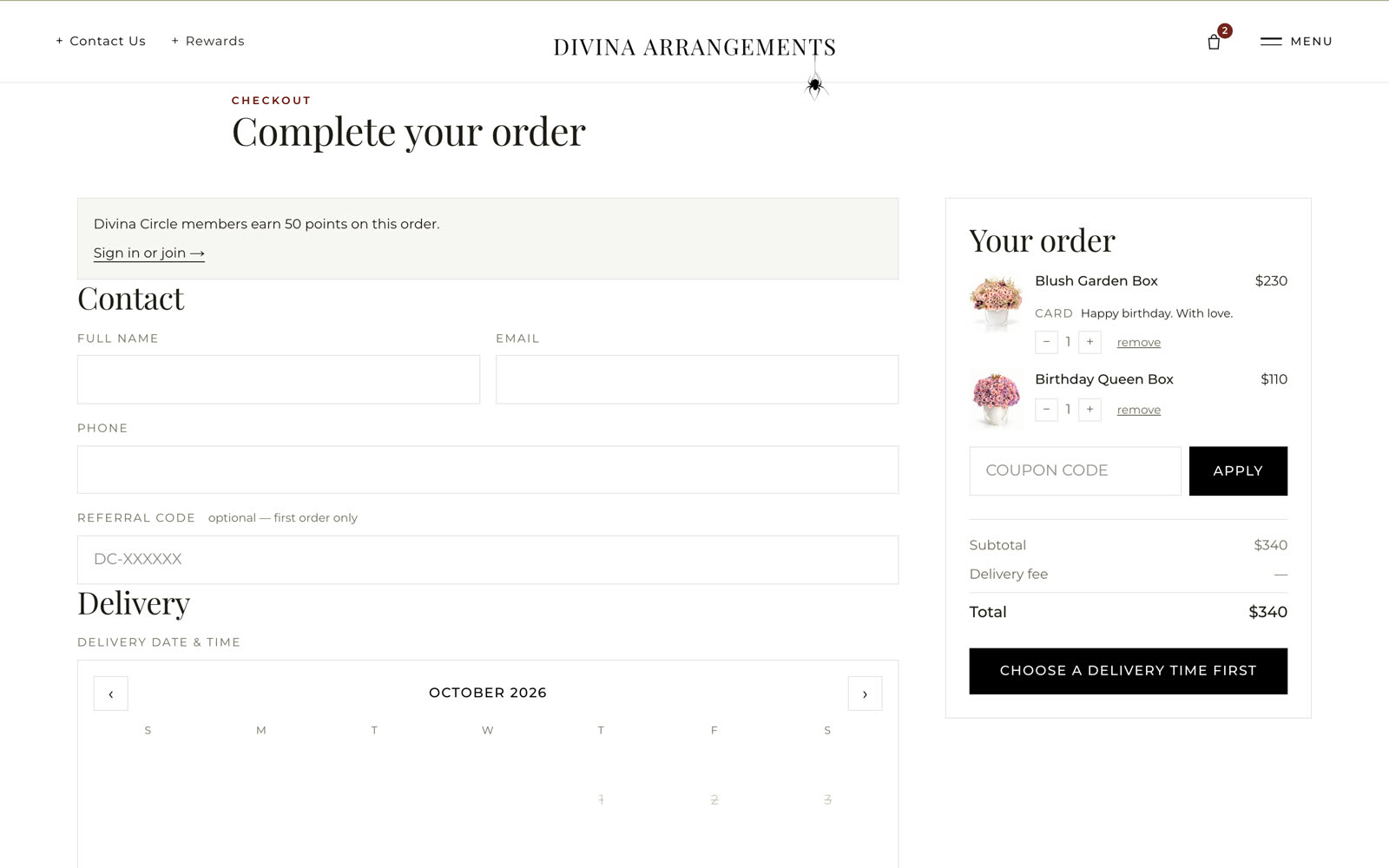 Checkout — delivery date, card, order summary
