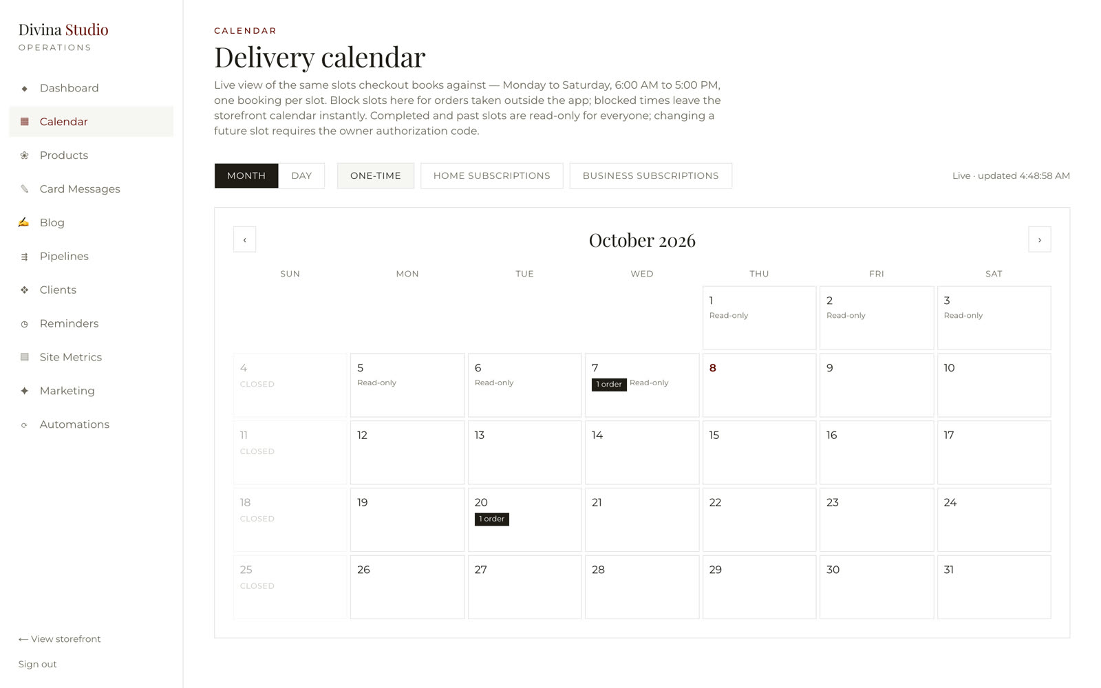 Delivery calendar