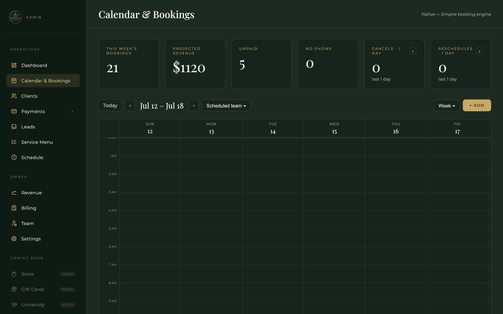 The week calendar — the whole floor across seven days