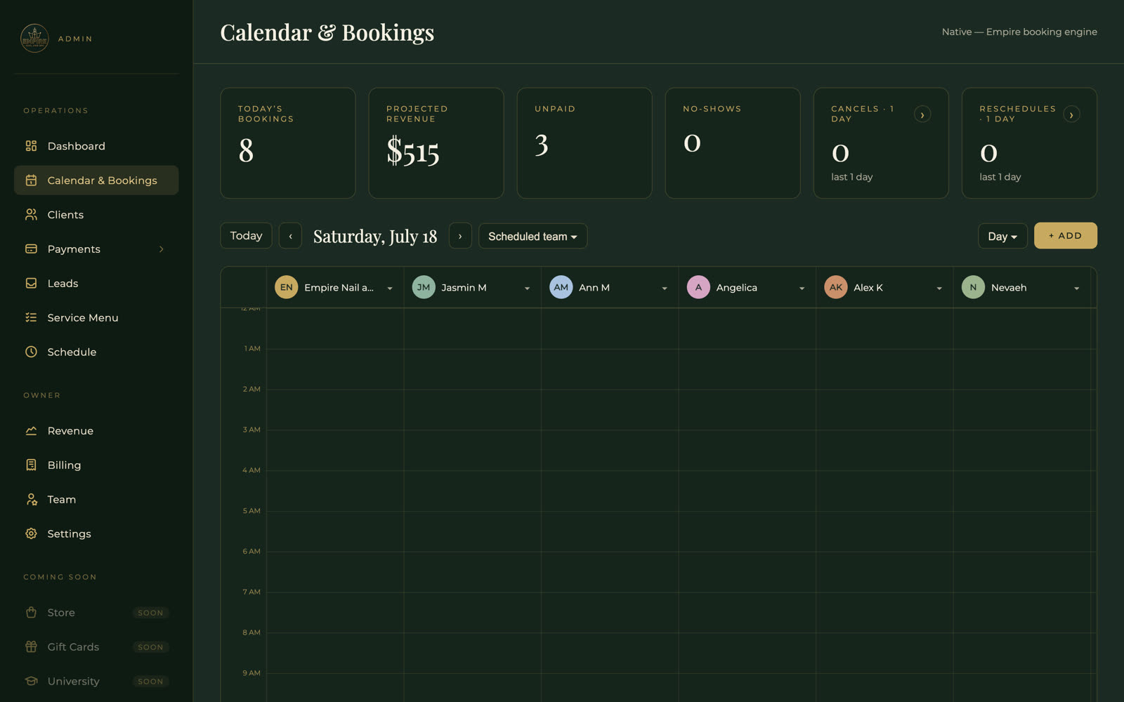 The operations calendar — staff columns, the day's bookings, live KPIs