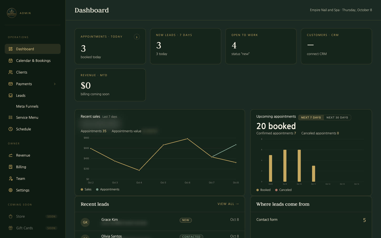 The salon dashboard — today's bookings, leads, sales, upcoming appointments