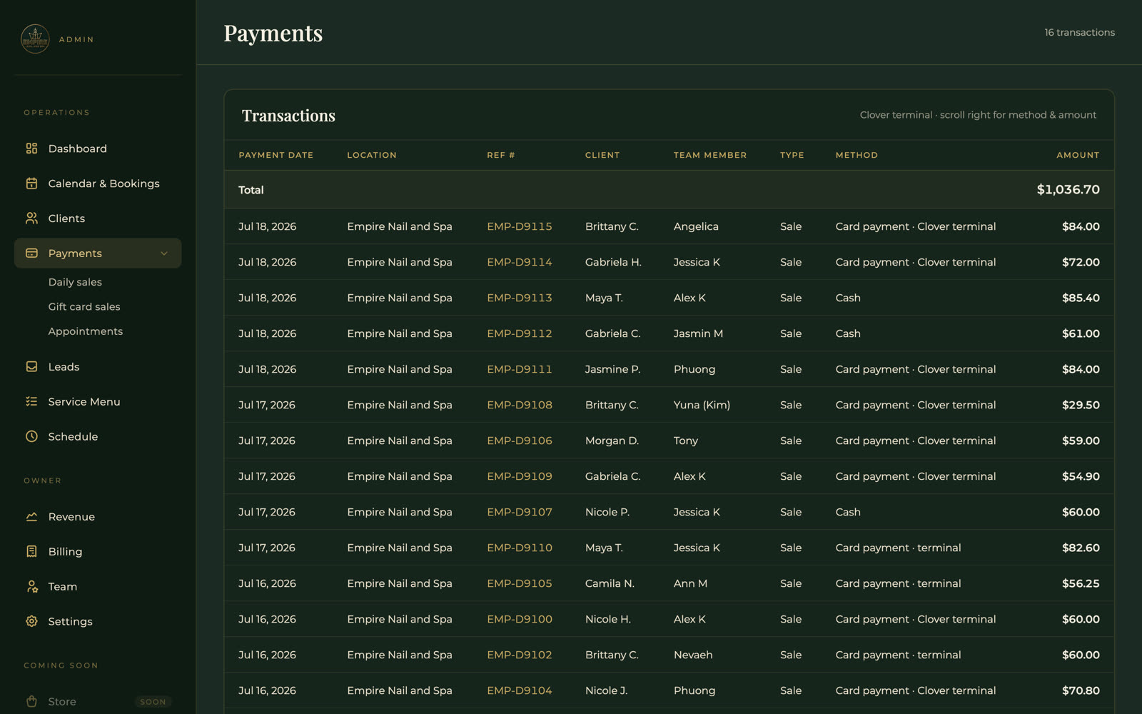 The payments ledger — every paid appointment with method, tip, and amount