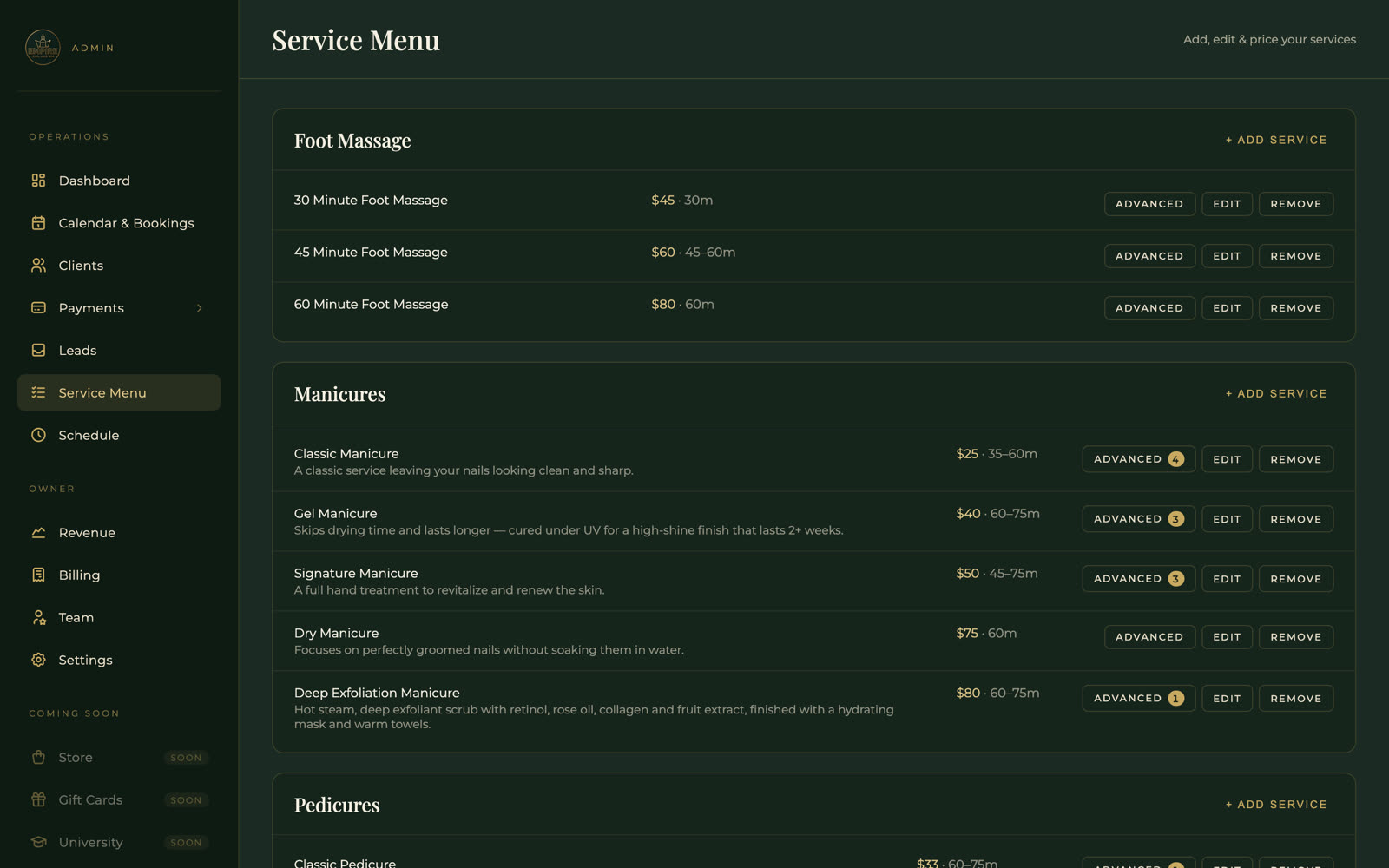 Service menu