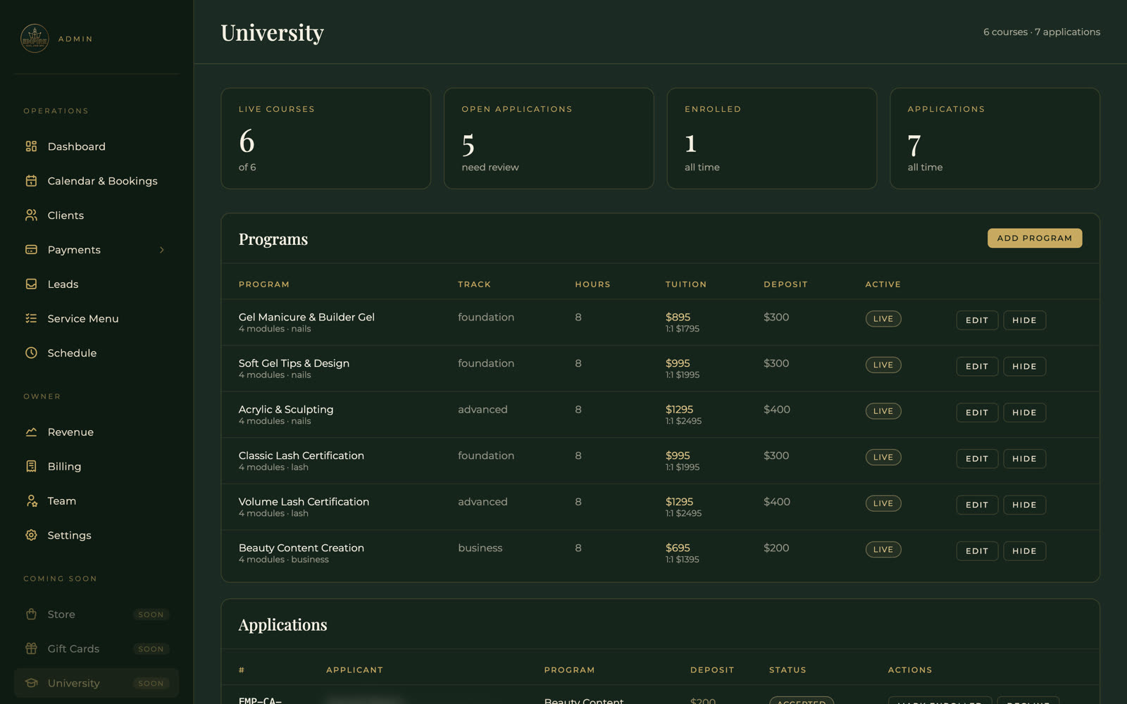 Empire University — course catalog and applicant pipeline