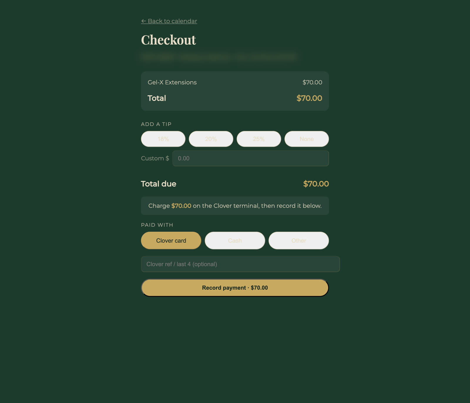 The checkout — service total, tip selection, and Clover card payment