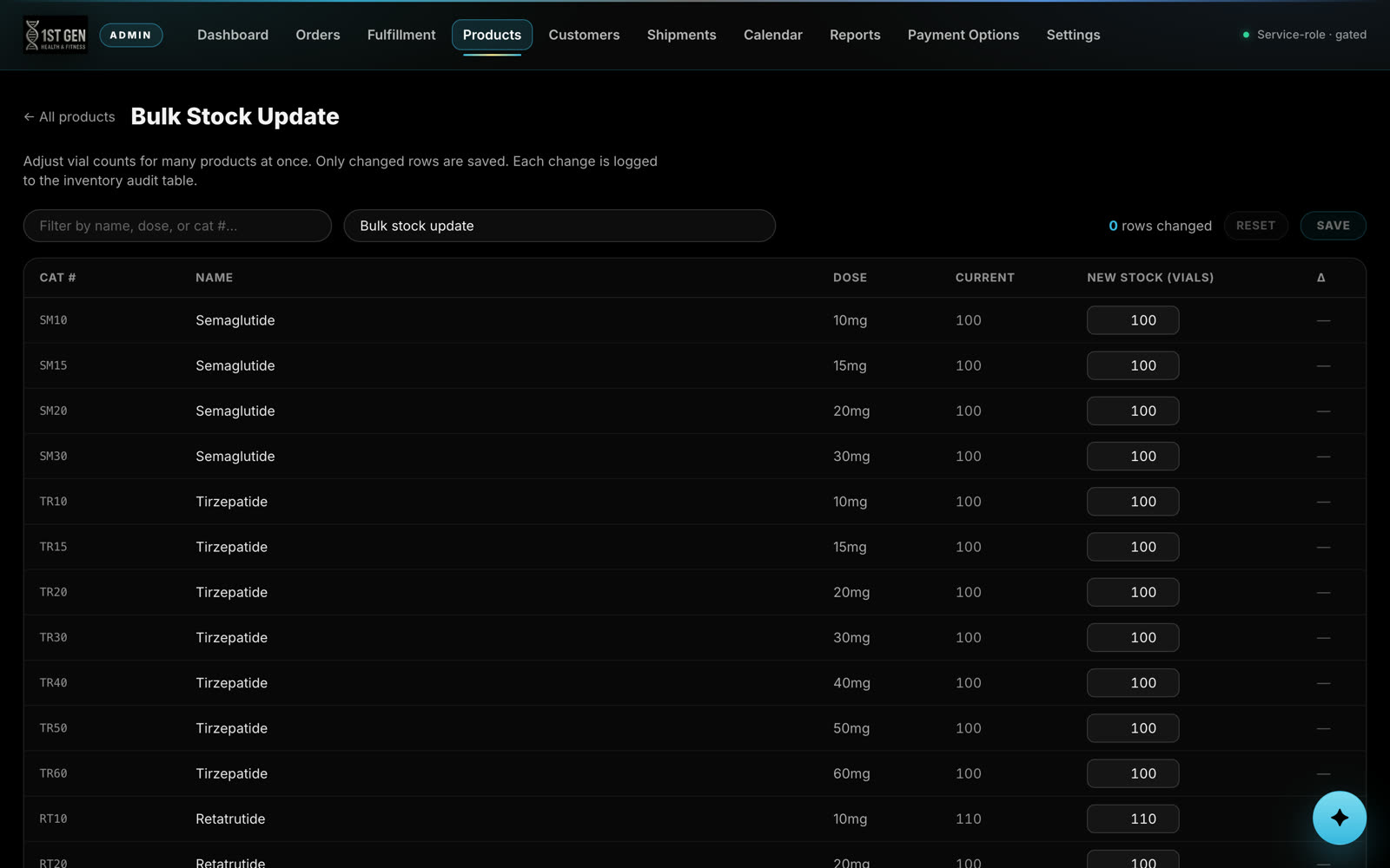 Bulk stock update — adjust many products at once, every change audited