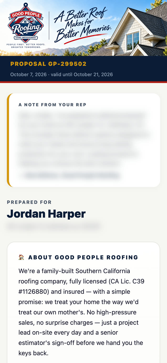 Mobile roofing proposal generated for a homeowner in the Good People Roofing system