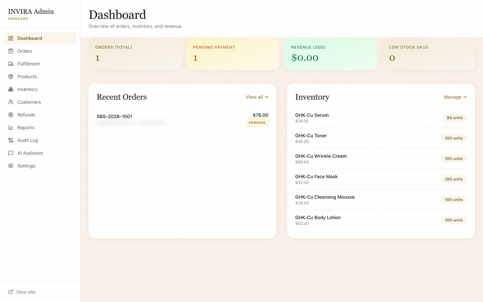 The operations dashboard — orders, revenue, and live inventory in one command center