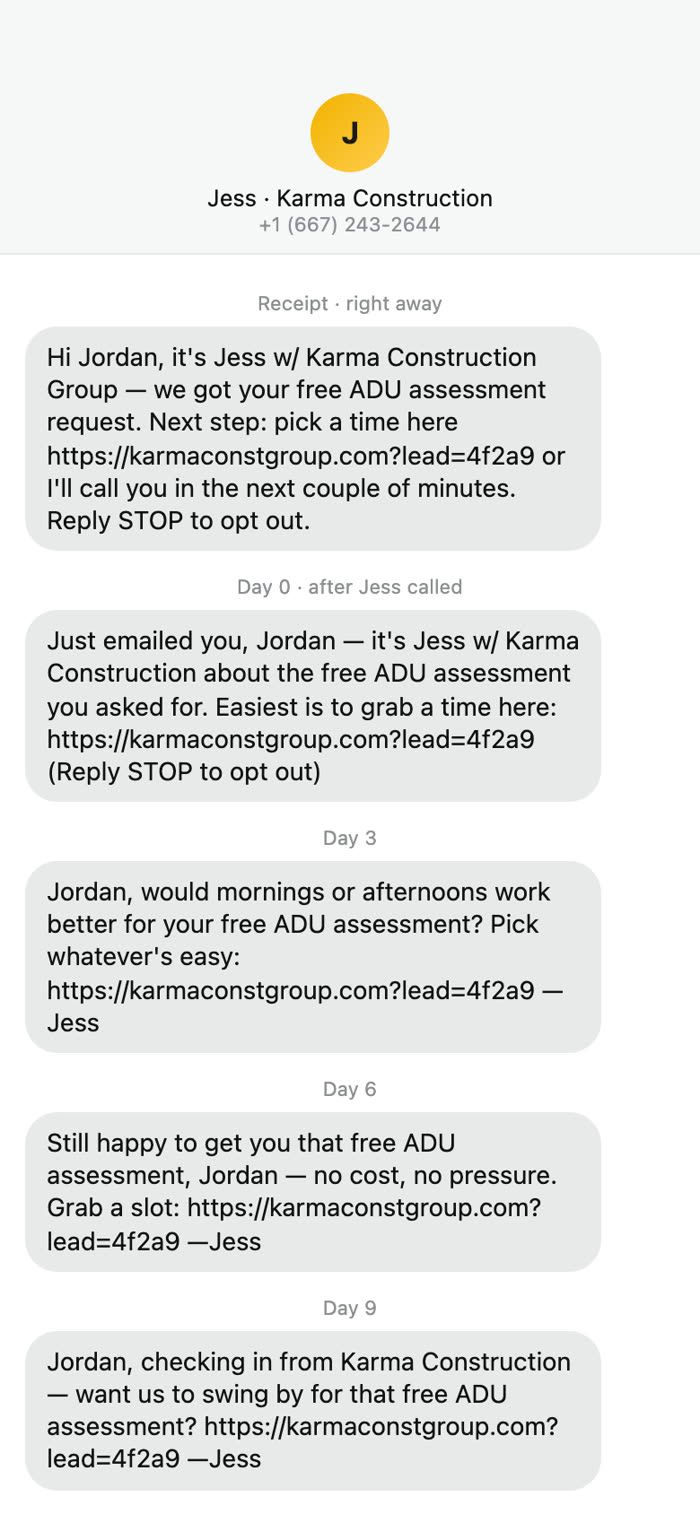 The no-answer lane — texts signed Jess