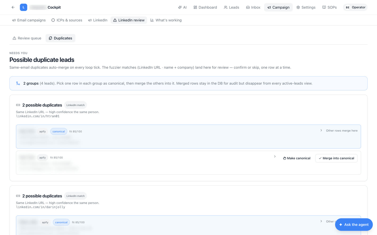 Possible duplicate leads, grouped for review