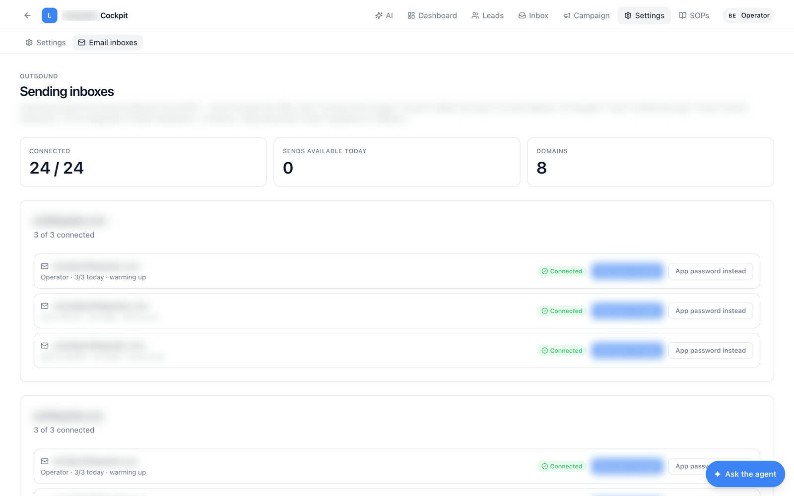 Sending inboxes — connected, available, by domain