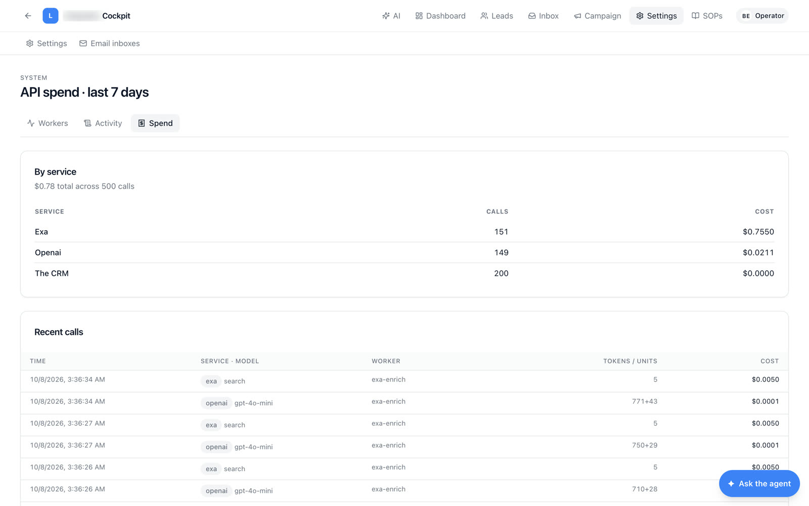 API spend by service and by call