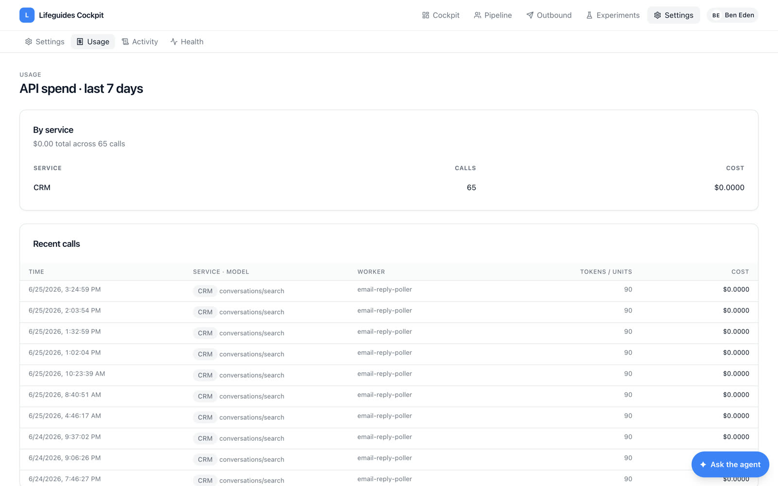 API spend — per-service totals and per-call cost with tokens and units