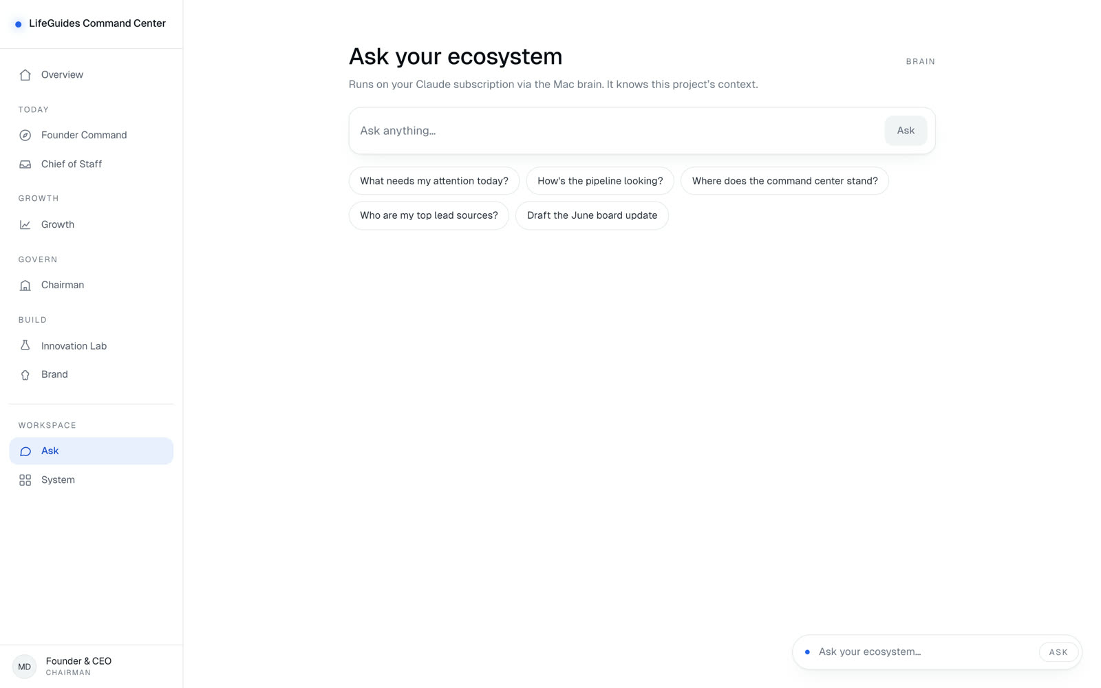 Ask your ecosystem — the founder's AI, grounded in the company's context