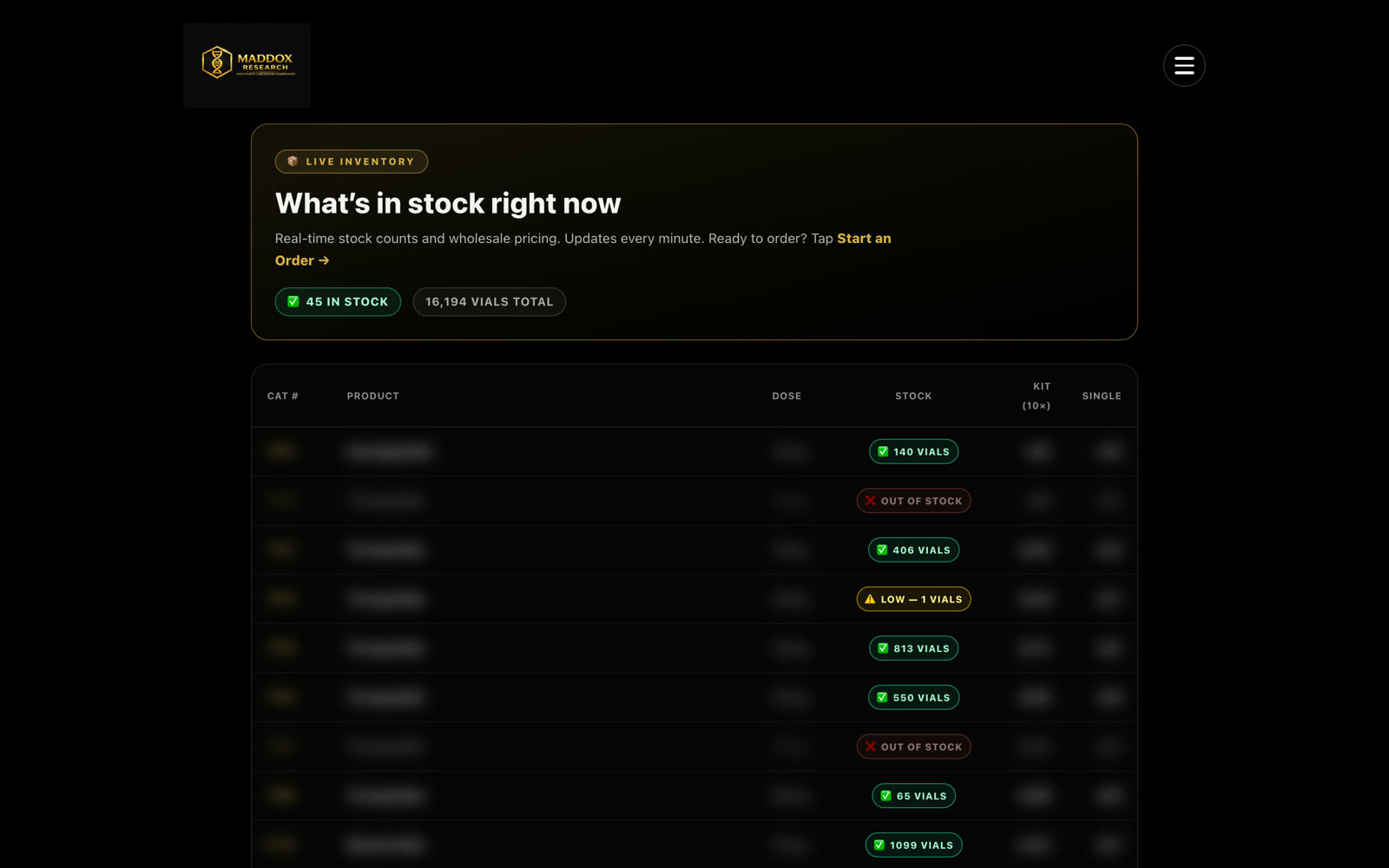 Live inventory — real-time vial counts across the catalog