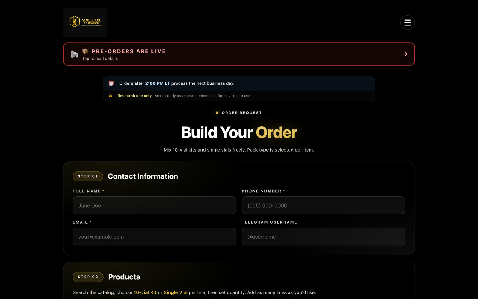 The kit builder — pick products, set quantity, live line totals and shipping