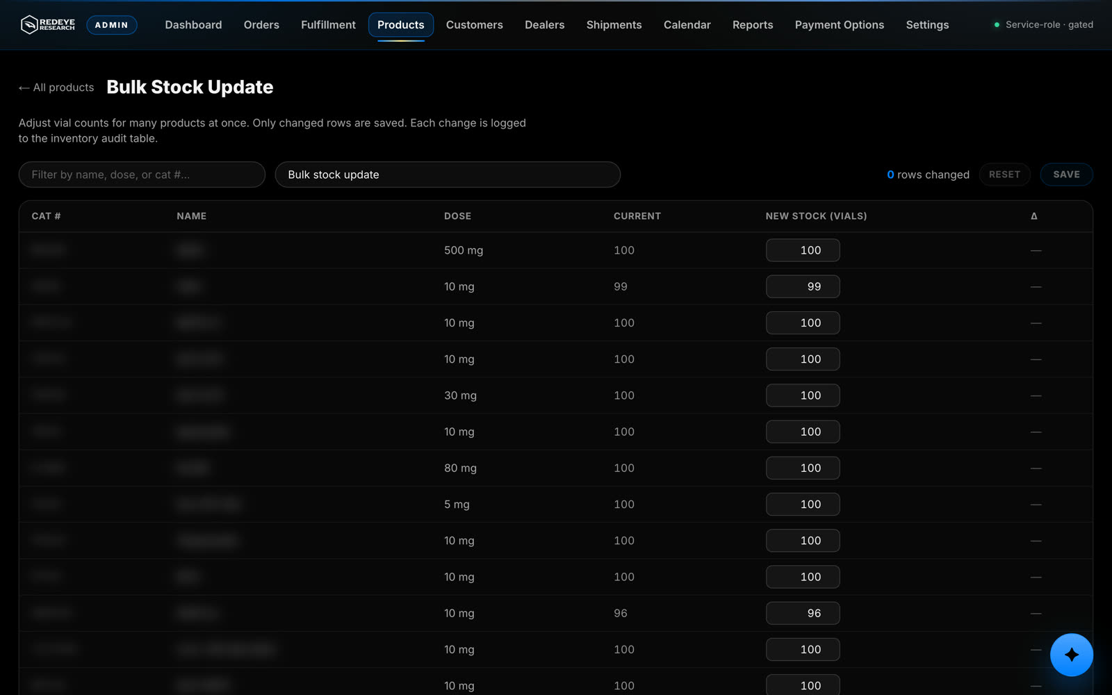 Bulk stock update — adjust many products at once, every change audited