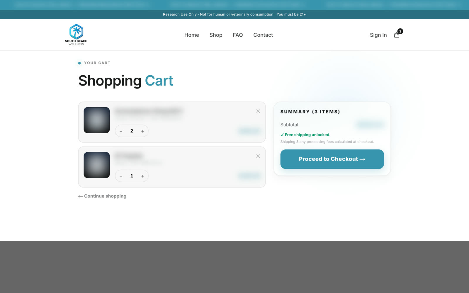 The cart with the free-shipping bar and add-on offer