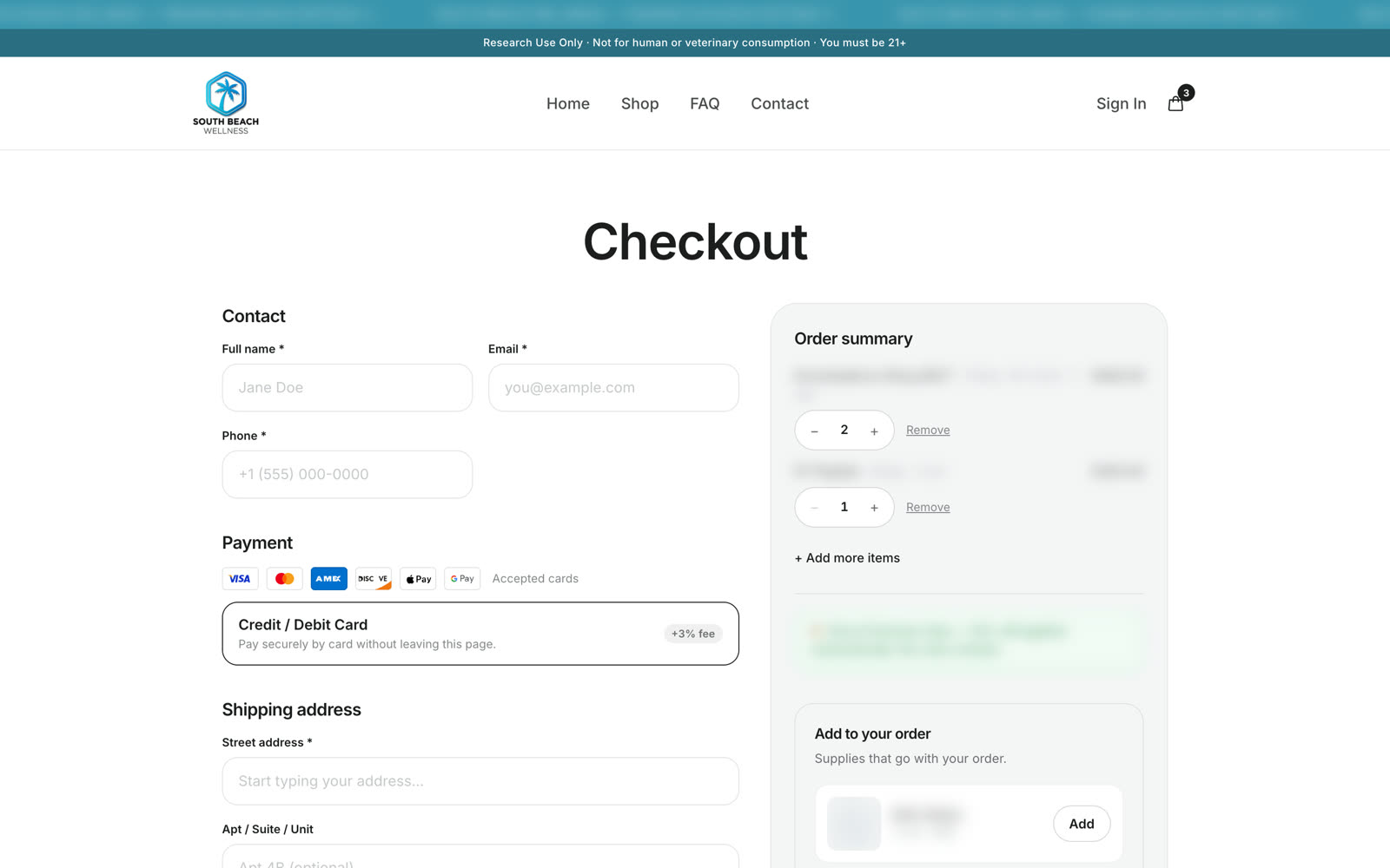 On-page card checkout with wallet buttons